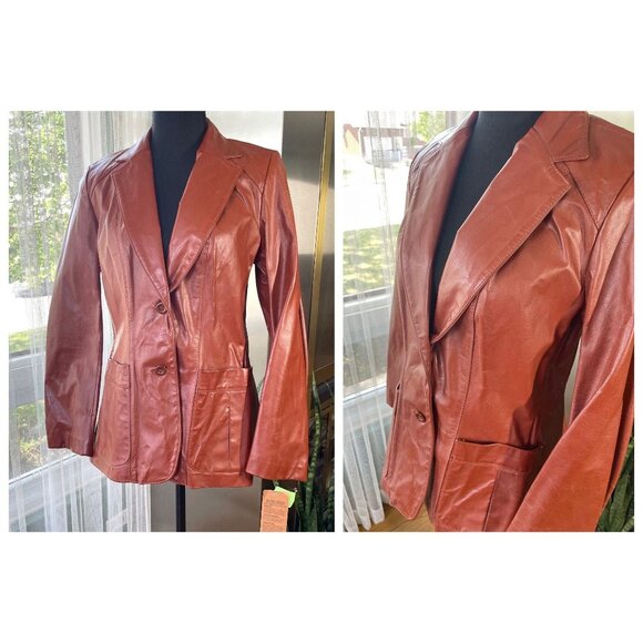 Vintage 70s leather jacket, rust brown, new with original tag, Opera, size 2 - Picture 2 of 10